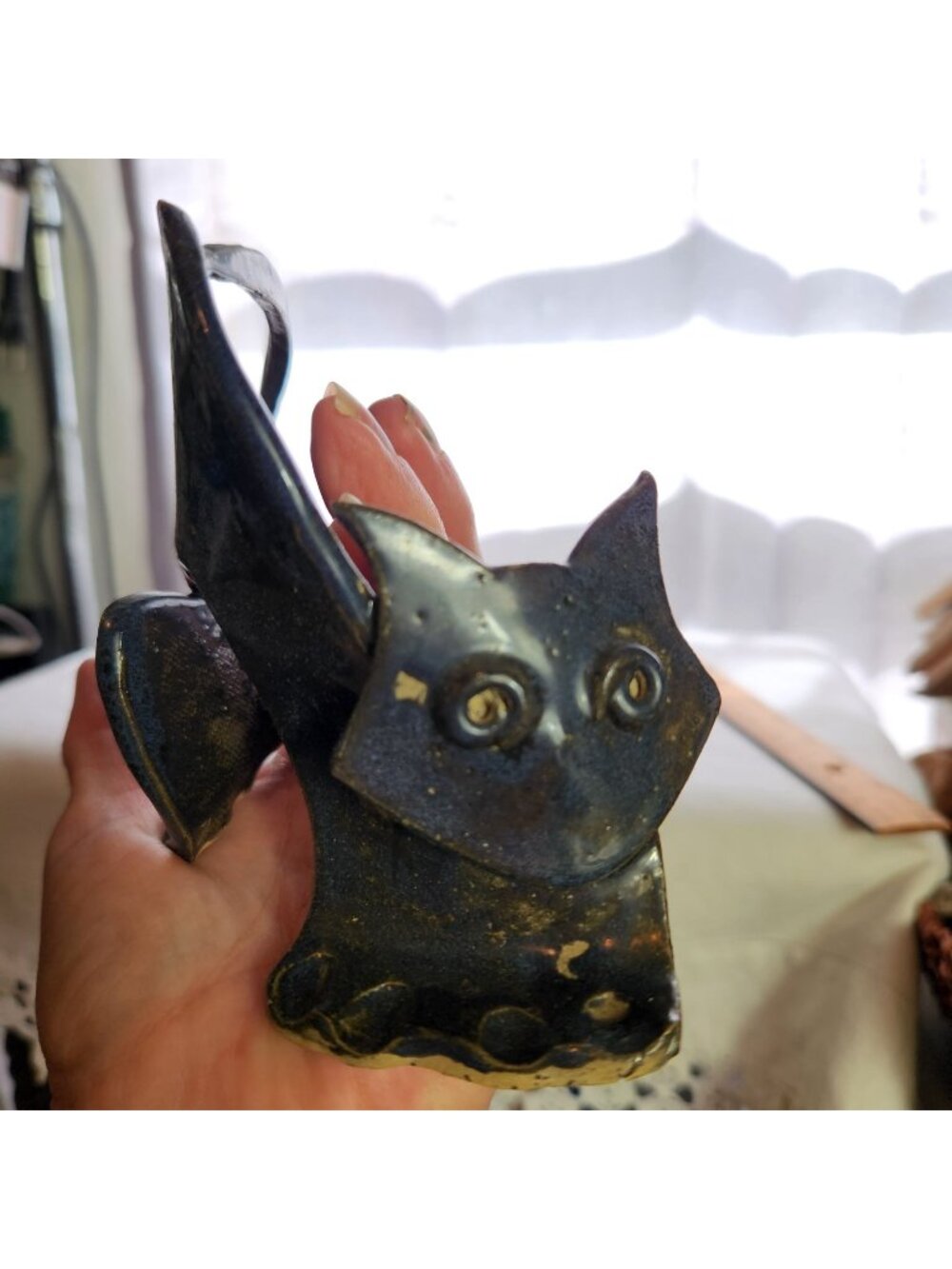 Artist Signed Whimsical Twisted Pottery Cat Figurine - Arched And Distressed Loo